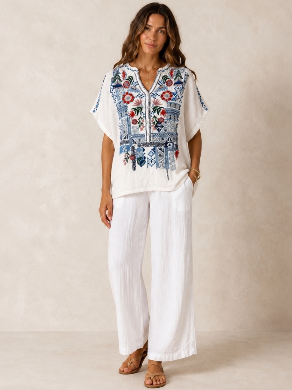 Johnny Was Biya Embroidered White Boho Tunic Top Size Small